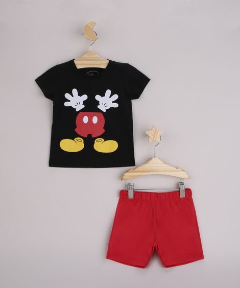 Conjunto Infantil Camiseta Mickey Manga Curta Preta + Bermuda Vermelho