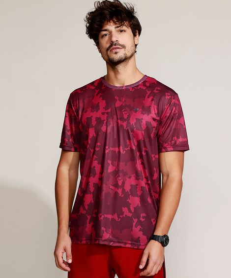 Camiseta Masculina Esportiva Estampada Camuflada Manga Curta Gola Careca Vermelha
