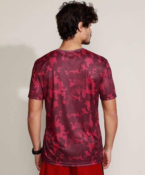 Camiseta Masculina Esportiva Estampada Camuflada Manga Curta Gola Careca Vermelha