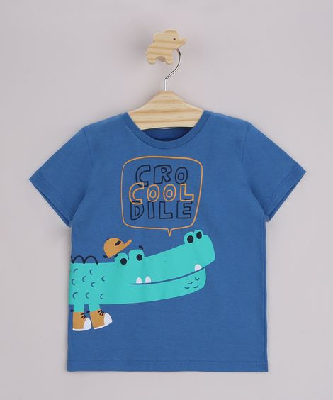 Camiseta Infantil Jacaré "CroCooldile" Manga Curta Azul