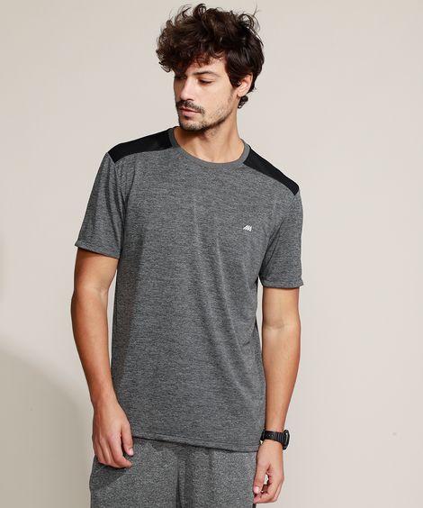 Camiseta Masculina Esportiva Com Recorte Manga Curta Gola Careca Cinza Mescla Escuro