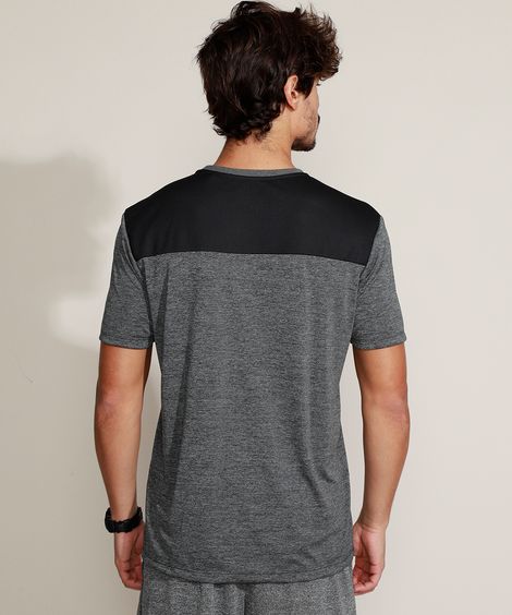 Camiseta Masculina Esportiva Com Recorte Manga Curta Gola Careca Cinza Mescla Escuro