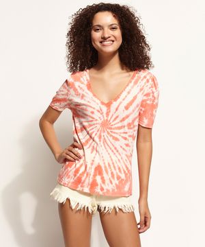 Blusa Feminina Estampada Tie Dye Manga Bufante Decote V Laranja