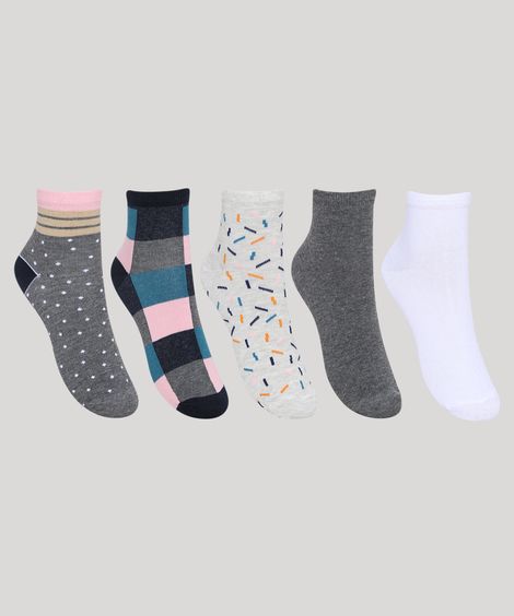 Kit de 5 Meias Femininas Cano Médio Estampadas Multicor