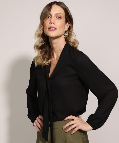 Blusa Feminina Estampado de Poá Manga Curta Gola Laço Preta