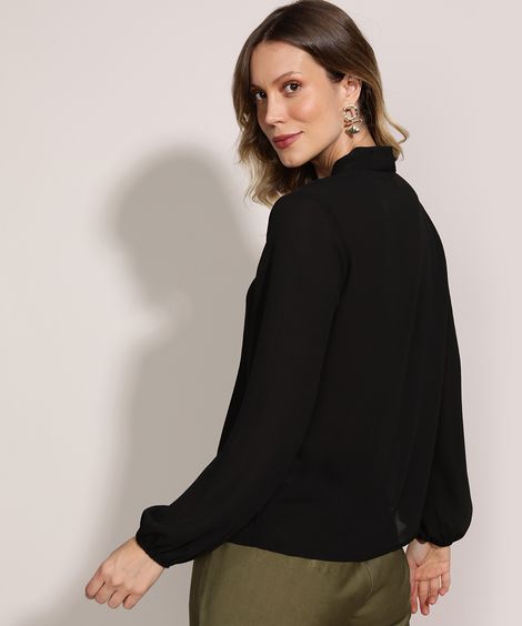 Blusa Feminina Estampado de Poá Manga Curta Gola Laço Preta