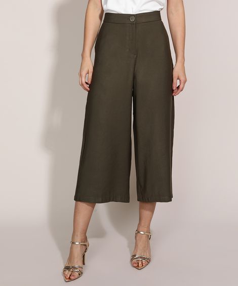 Calça Feminina Pantacourt Cintura Alta com Bolsos Verde Militar