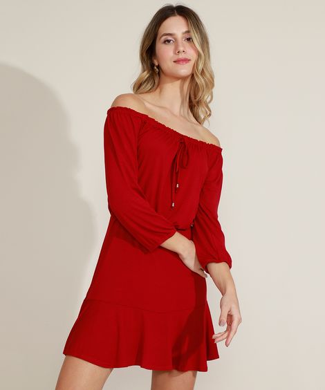 Vestido Feminino Curto Ombro a Ombro Estampado Babado Vermelho