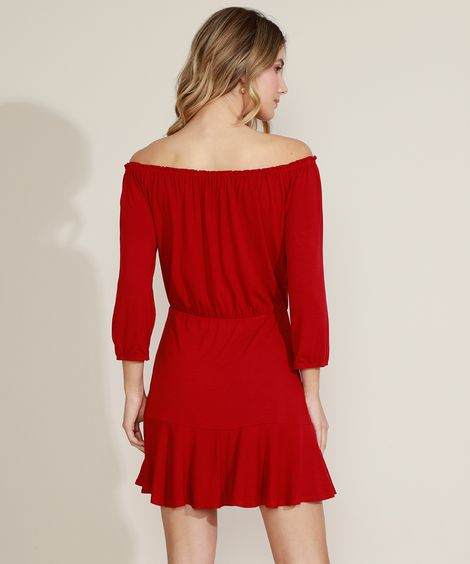 Vestido Feminino Curto Ombro a Ombro Estampado Babado Vermelho
