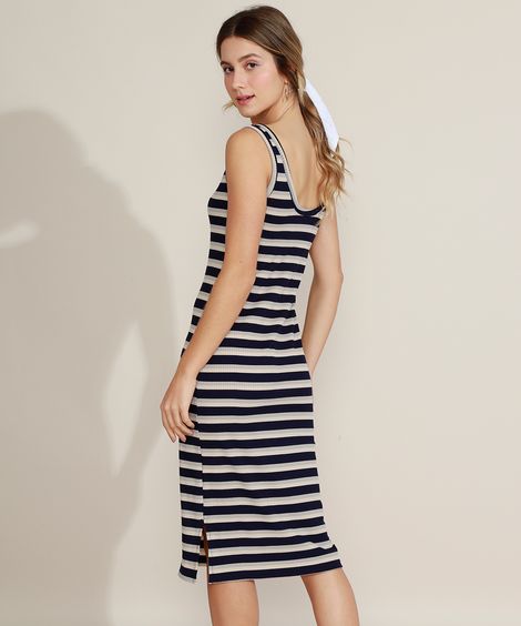 Vestido Feminino Midi Canelado Listrado com Fenda Alça Média Azul Marinho