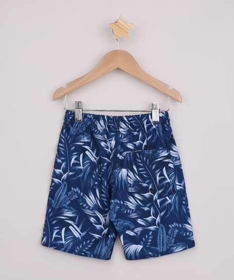 Short Infantil Estampado de Folhagens com Bolsos e Cadarço Azul Marinho