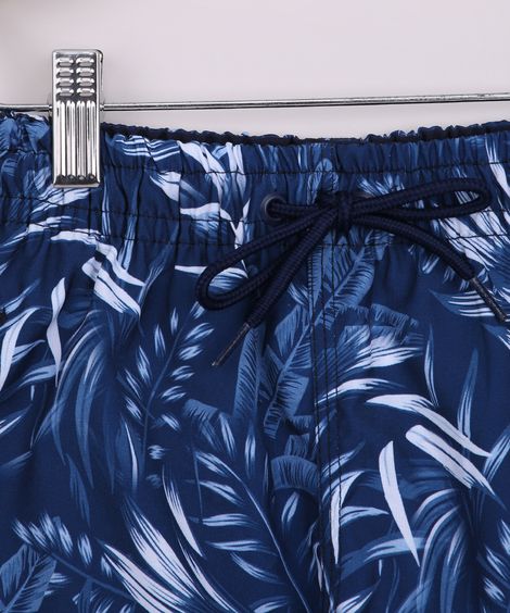 Short Infantil Estampado de Folhagens com Bolsos e Cadarço Azul Marinho