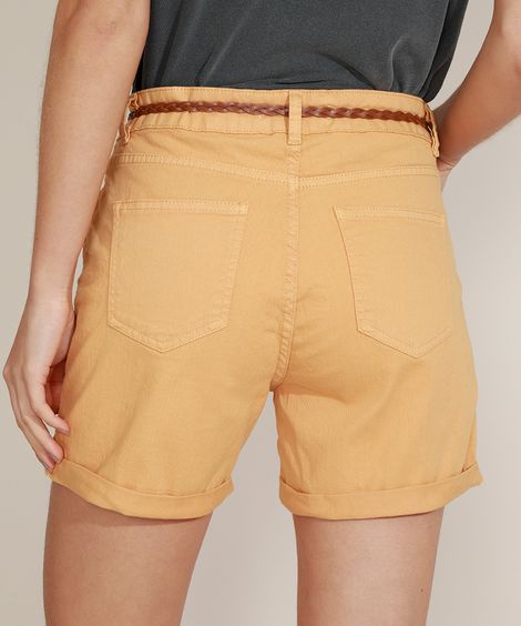 Short de Sarja Feminino Reto Cintura Alta com Cinto Amarelo