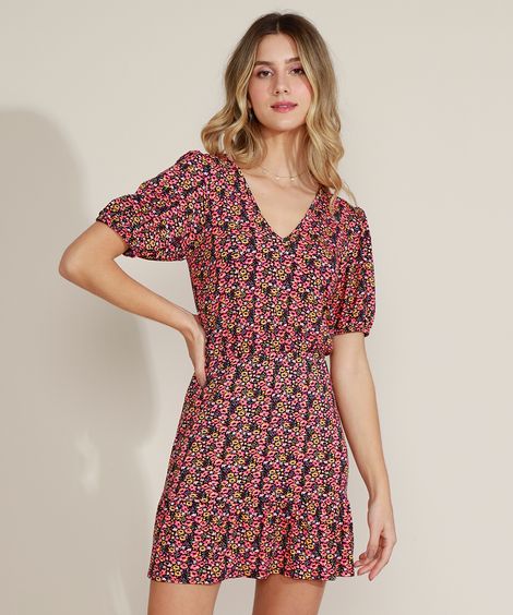 Vestido Feminino Curto Estampado Floral Manga Curta Bufante Decote V com Babado Preto