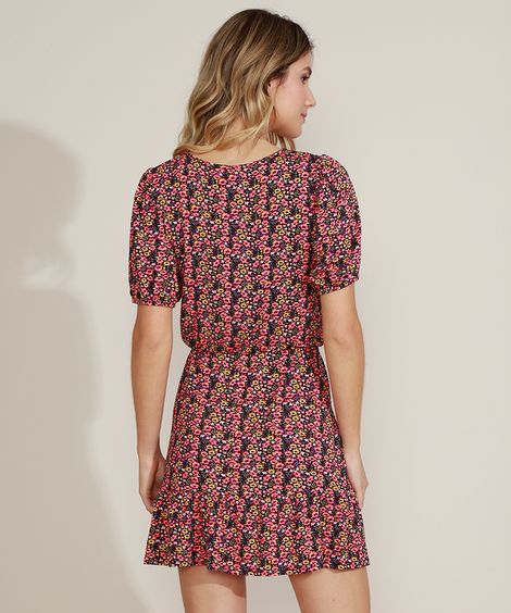 Vestido Feminino Curto Estampado Floral Manga Curta Bufante Decote V com Babado Preto