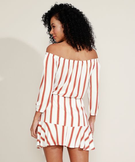 Vestido Feminino Curto Ciganinha Listrado com Cordão Manga 3/4 Off White