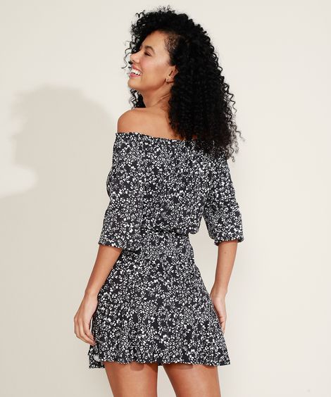 Vestido Feminino Curto Ciganinha Estampado Floral com Cordão Manga 3/4 Preto