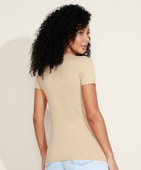 Blusa Feminina Choker Básica Manga Curta Decote Redondo Bege