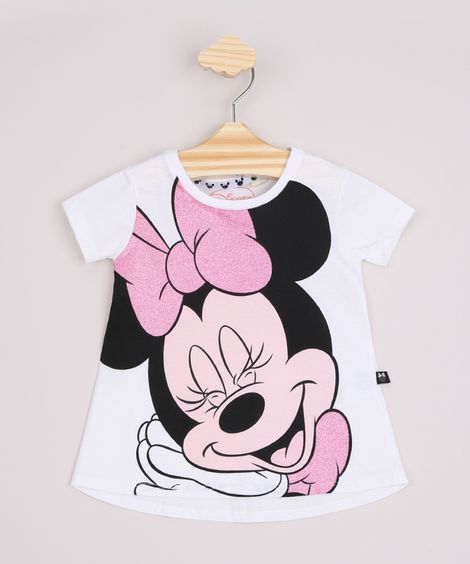 Blusa Infantil Ampla Minnie com Glitter Manga Curta Off White