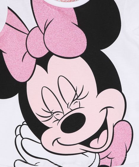 Blusa Infantil Ampla Minnie com Glitter Manga Curta Off White