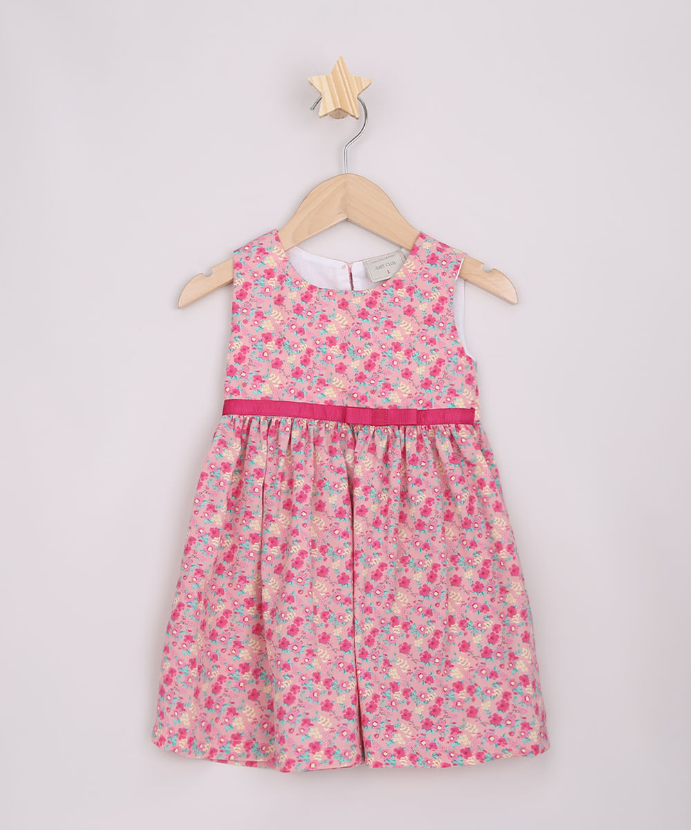 Vestido-Infantil-Estampado-Floral-com-Laco-Sem-Manga-Rosa-9963353-Rosa_1