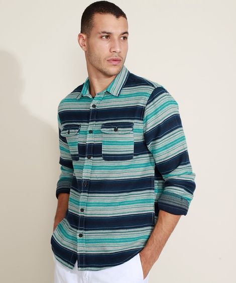 Camisa Masculina Listrada com Bolsos Manga Longa Azul Marinho