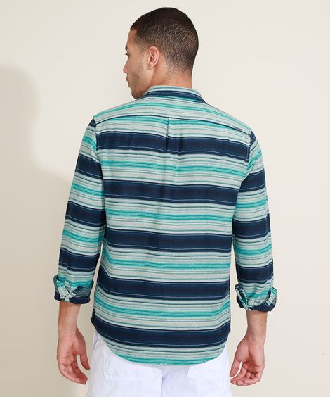Camisa Masculina Listrada com Bolsos Manga Longa Azul Marinho