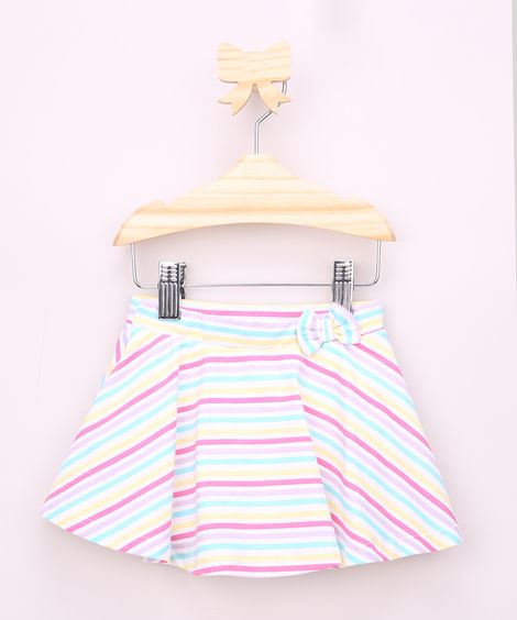 Short Saia Infantil Estampado Listrado com Laço e Glitter Off White