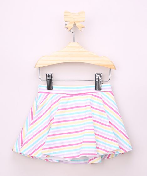 Short Saia Infantil Estampado Listrado com Laço e Glitter Off White