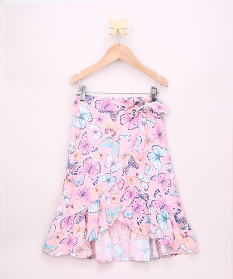Saia Jeans Infantil Midi Transpassada Estampada de Borboleta com Babado e Laço Rosa Claro