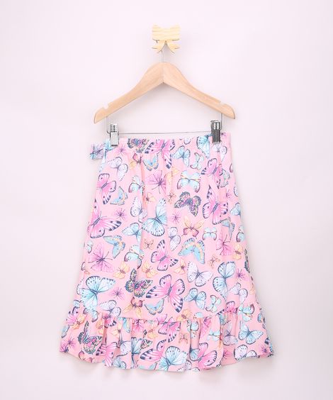 Saia Jeans Infantil Midi Transpassada Estampada de Borboleta com Babado e Laço Rosa Claro