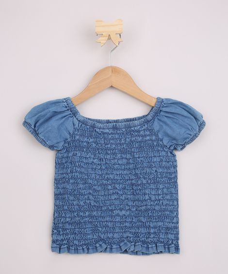 Blusa Jeans Infantil com Lastex Manga Bufante Azul Médio
