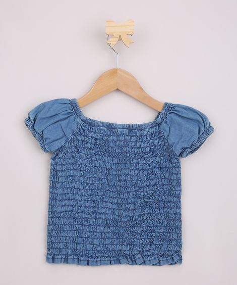 Blusa Jeans Infantil com Lastex Manga Bufante Azul Médio