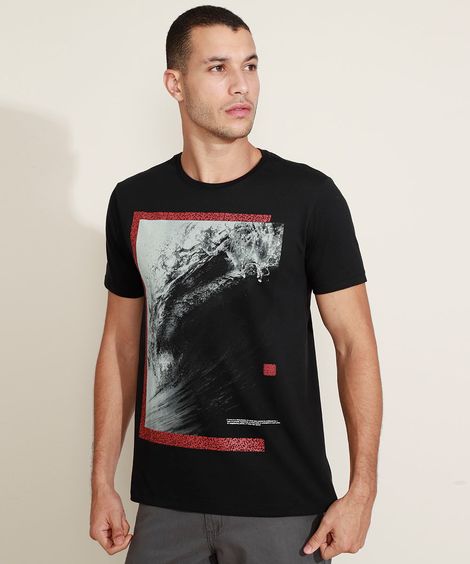 Camiseta Masculina Retrato Onda Manga Curta Gola Careca Preta