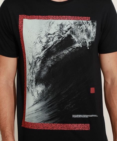 Camiseta Masculina Retrato Onda Manga Curta Gola Careca Preta