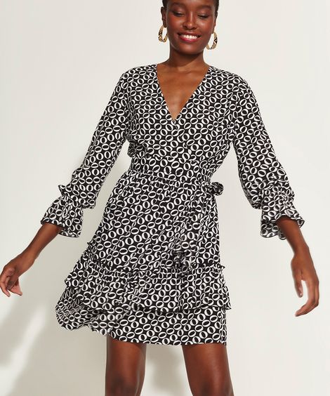 Vestido Feminino DVF Curto Envelope Estampado de Elos com Babado Manga Longa Preto