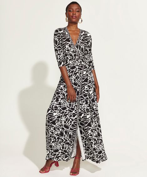 Vestido Feminino DVF Longo Envelope Estampado Assinatura Manga 3/4 Preto