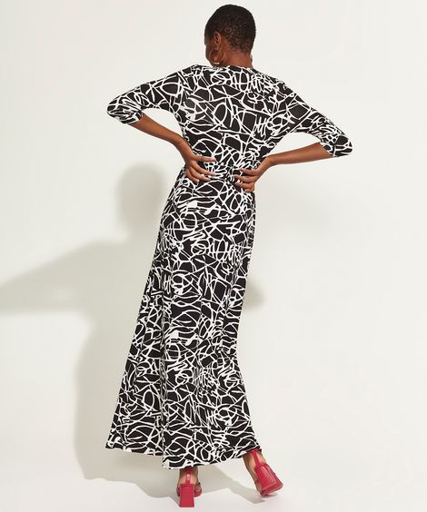 Vestido Feminino DVF Longo Envelope Estampado Assinatura Manga 3/4 Preto