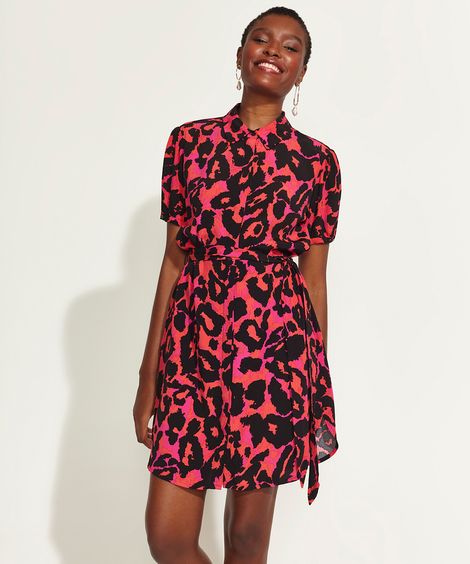 Vestido Chemise Feminino DVF Curto Estampado Animal Print Onça Manga Bufante Rosa