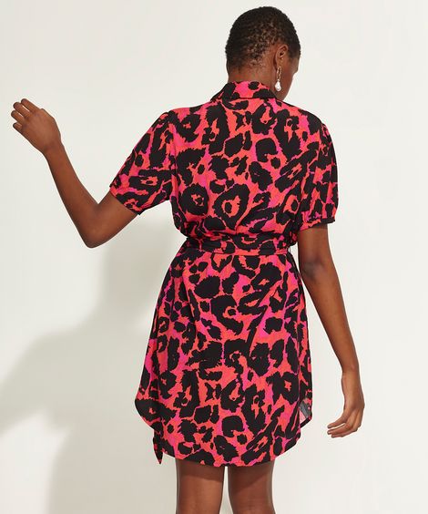 Vestido Chemise Feminino DVF Curto Estampado Animal Print Onça Manga Bufante Rosa