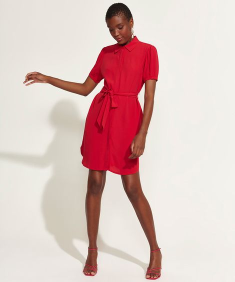 Vestido Chemise Feminino DVF Curto com Faixa para Amarrar Manga Bufante Vermelho