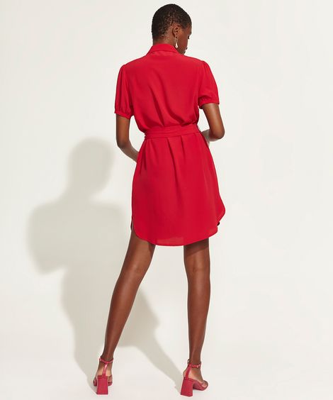 Vestido Chemise Feminino DVF Curto com Faixa para Amarrar Manga Bufante Vermelho