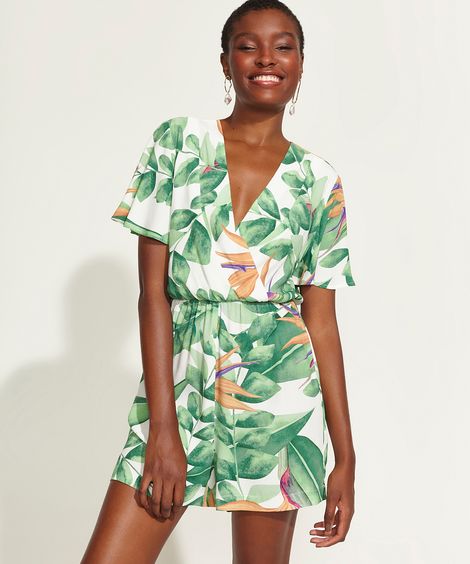 Macaquinho Feminino DVF Estampado de Folhagem com Transpasse Manga Curta Off White