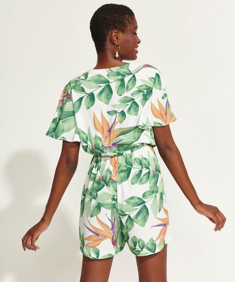 Macaquinho Feminino DVF Estampado de Folhagem com Transpasse Manga Curta Off White