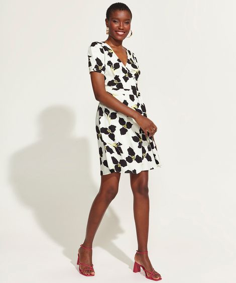 Vestido Feminino DVF Curto Envelope Estampado Floral Manga Bufante Off White