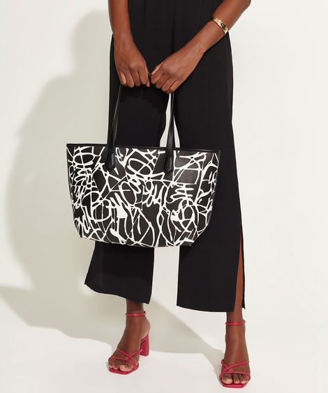 Bolsa Feminina DVF Shopper Grande Estampada Assinatura com Carteira Preta