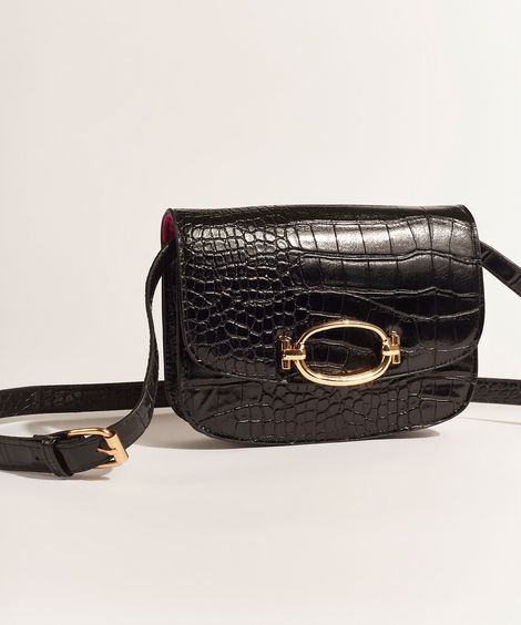 Bolsa 2x1 Crossbody e Pochete DVF Pequena Texturizada Croco com Fivela Preta