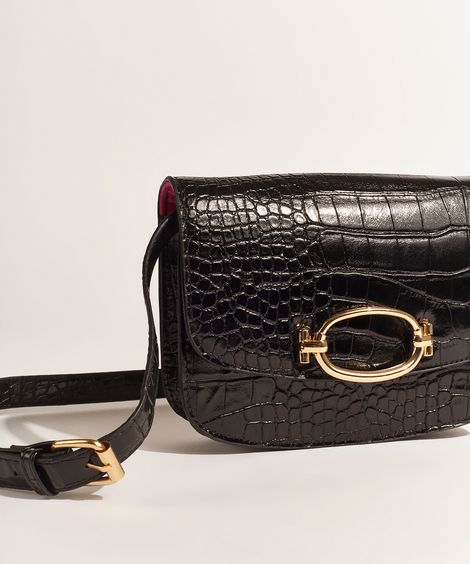 Bolsa 2x1 Crossbody e Pochete DVF Pequena Texturizada Croco com Fivela Preta