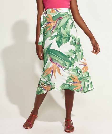 Saia Feminina DVF Midi Envelope Estampada de Folhagem Off White