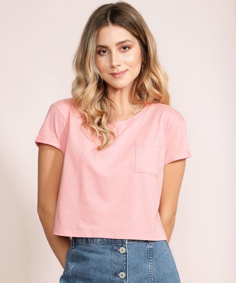 Blusa Feminina Básica Cropped com Bolso Manga Curta Decote Redondo Rosa Claro
